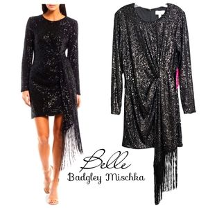 Nwt Belle Badgley Mischka Black Sequin Longsleeve Harley Long Fringed Sa…